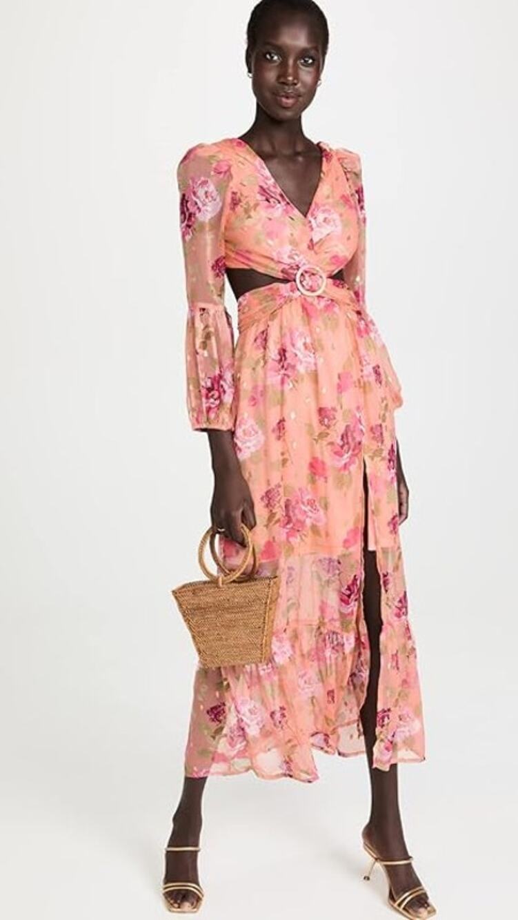 Rahi Florence Leila Floral Puff Sleeve Cut-Out Midi A-Line Dress Peach Pink XS
